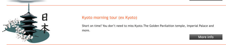 Kyoto morning tour (ex Kyoto) Short on time? You don’t need to miss Kyoto.The Golden Pavilaition temple, Imperial Palace and more.      More info